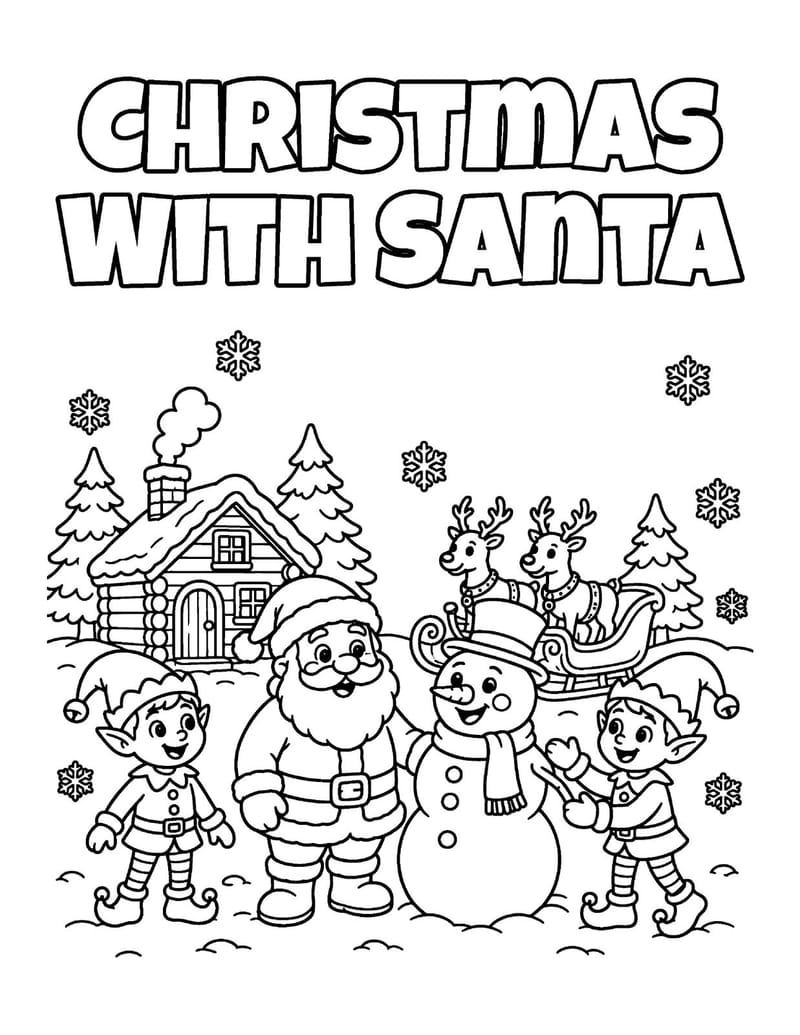 Cover page of Christmas With Santa: Santa, elves, a reindeer and a snowman outside a snowy cabin.