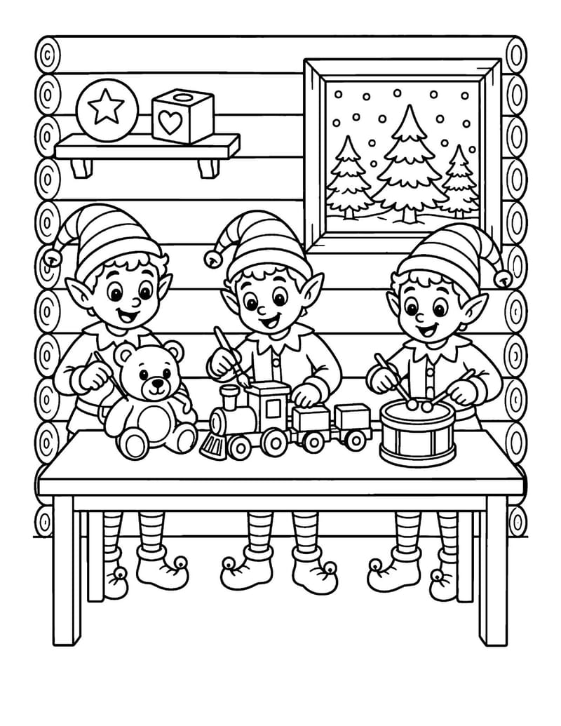 Sample coloring page: elves making toys at a table in a log cabin workshop.