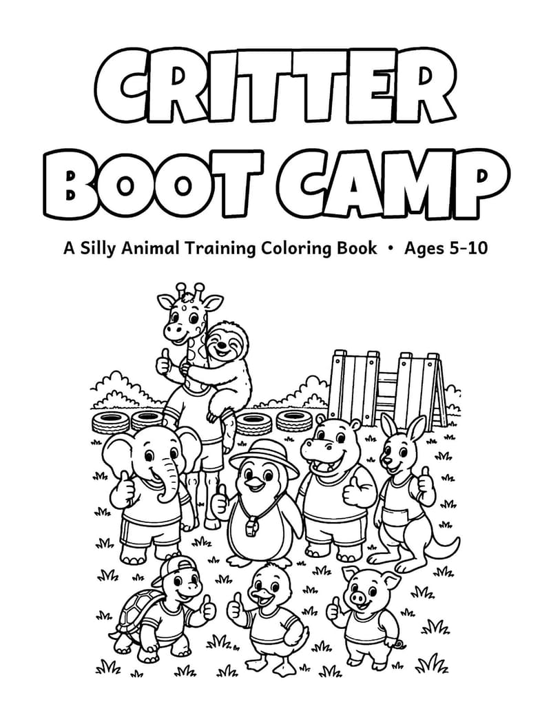 Cover page of Critter Boot Camp: a crowd of zoo and farm animals at training camp.