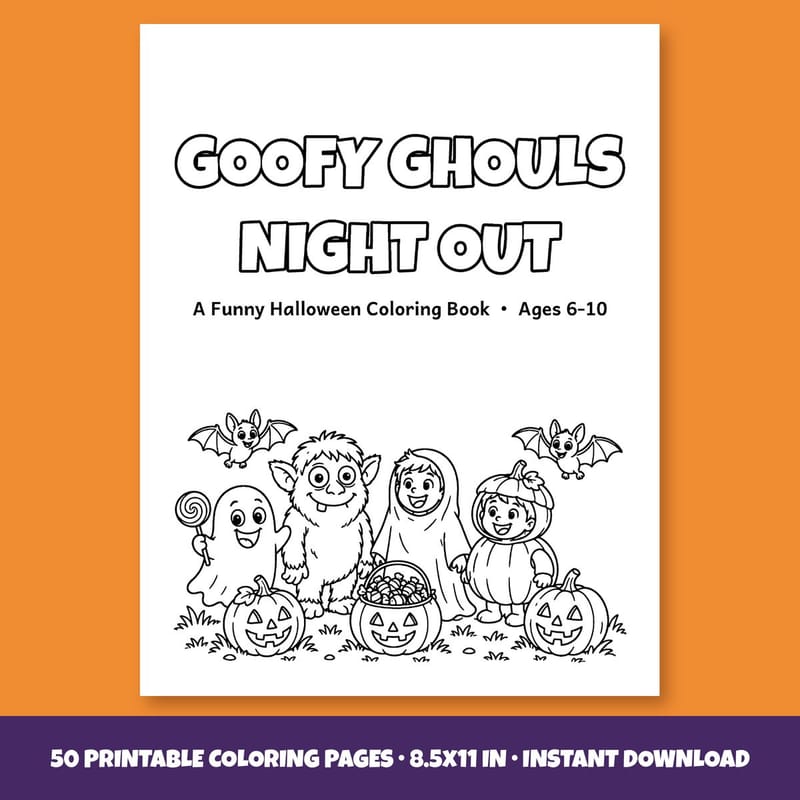 Goofy Ghouls Night Out cover shown on an orange background: kids in costumes, friendly ghosts, bats and jack-o'-lanterns in black and white line art.