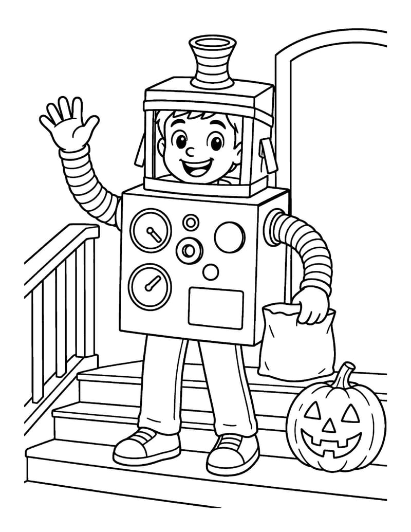 Sample coloring page: a child in a cardboard robot costume on the front steps next to a jack-o'-lantern.