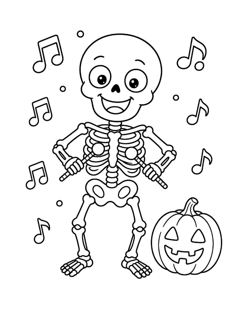 Sample coloring page: a smiling dancing skeleton with music notes and a pumpkin.