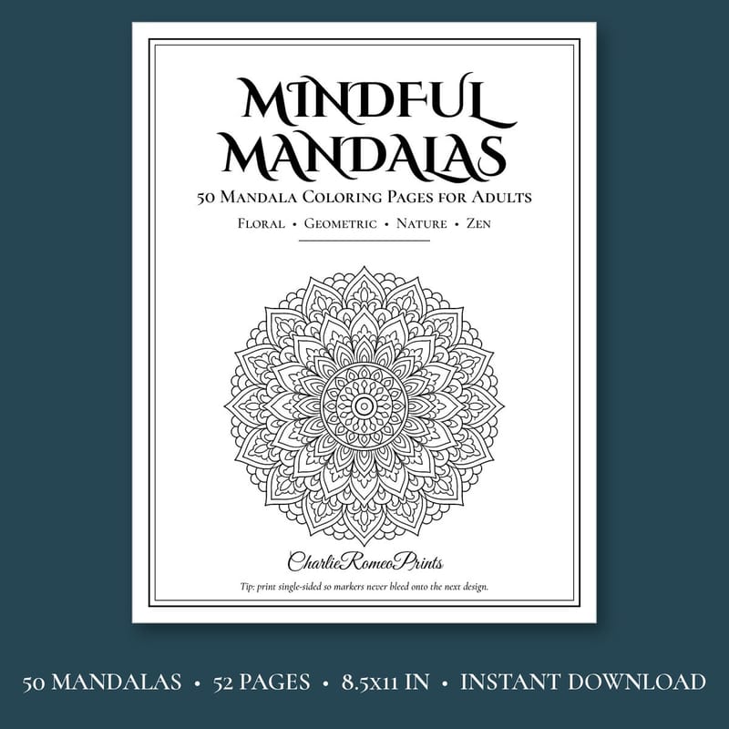 Mindful Mandalas cover shown on a dark teal background: a detailed round mandala.