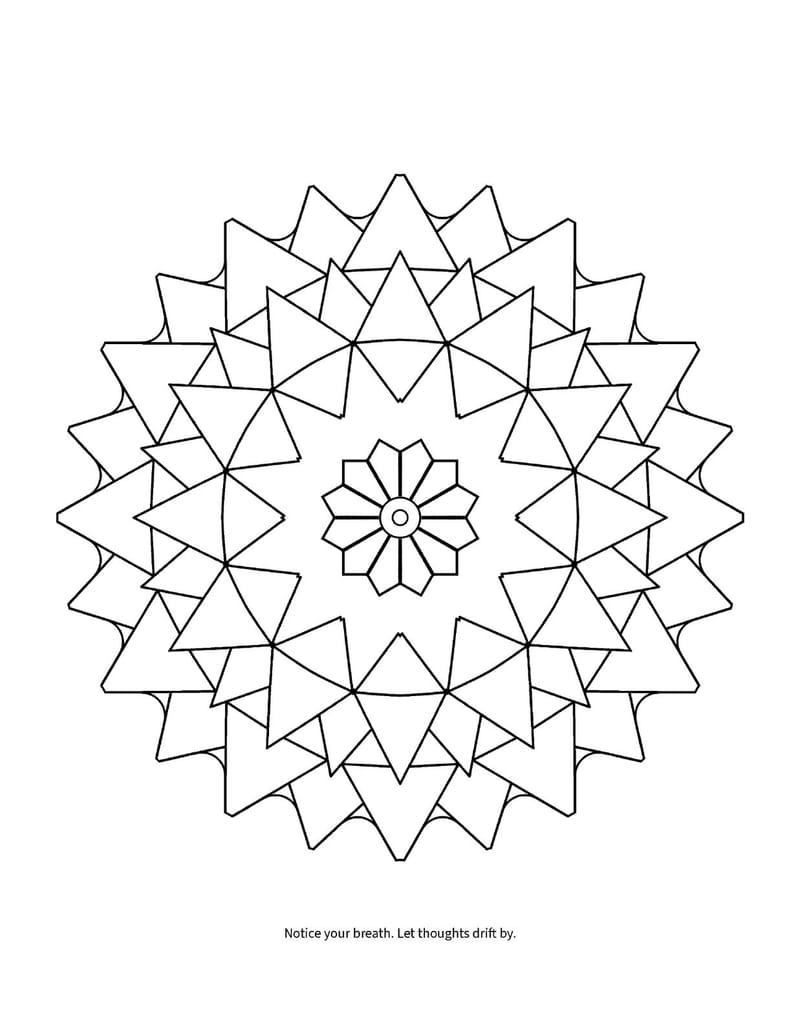 Sample page: a geometric star mandala with a breathing prompt underneath.