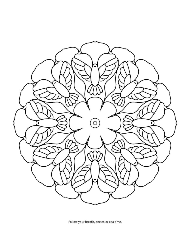Sample page: a nature mandala of leaves and petals with a breathing prompt underneath.