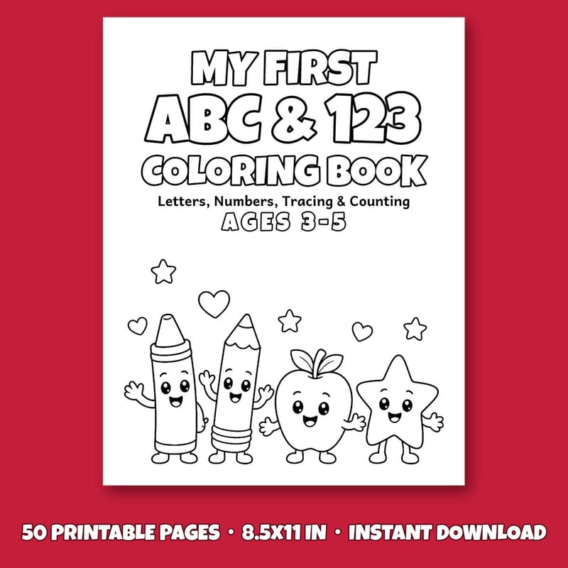 My First ABC & 123 cover shown on a red background: smiling crayon, pencil, apple and star characters.