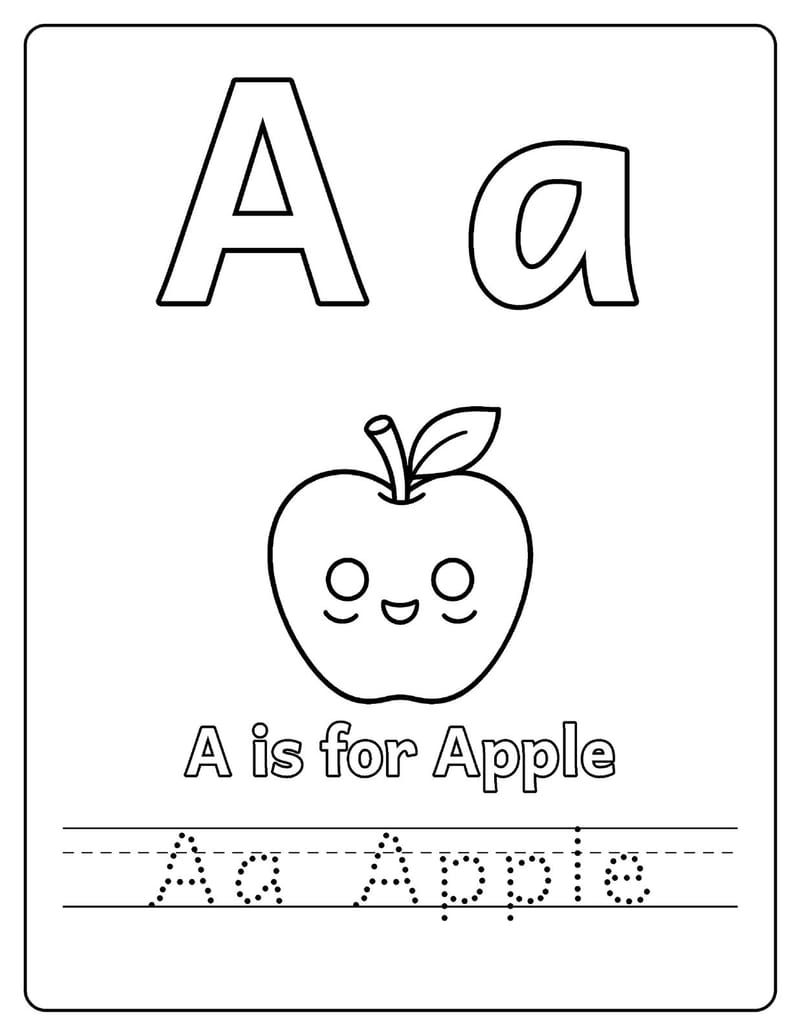 Sample page: a big bubble letter A with an apple and dotted tracing lines for "Aa Apple".