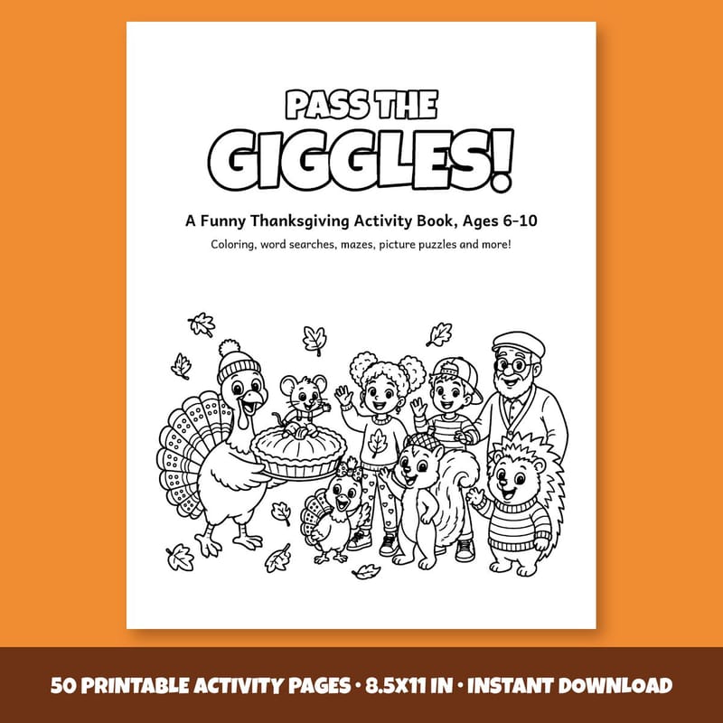 Pass the Giggles! cover shown on an orange background: a turkey family and friends around a Thanksgiving table.