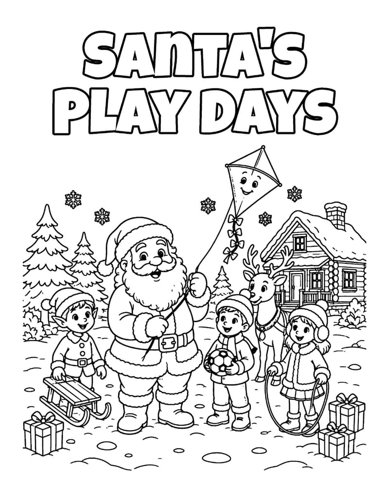 Cover page of Santa's Play Days: an old-fashioned Santa flying a kite with children in a snowy village.