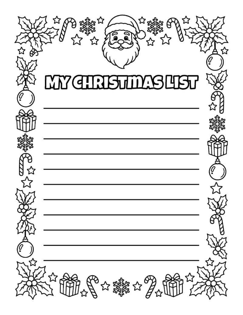 Sample page: a "My Christmas List" page with lines to write on.
