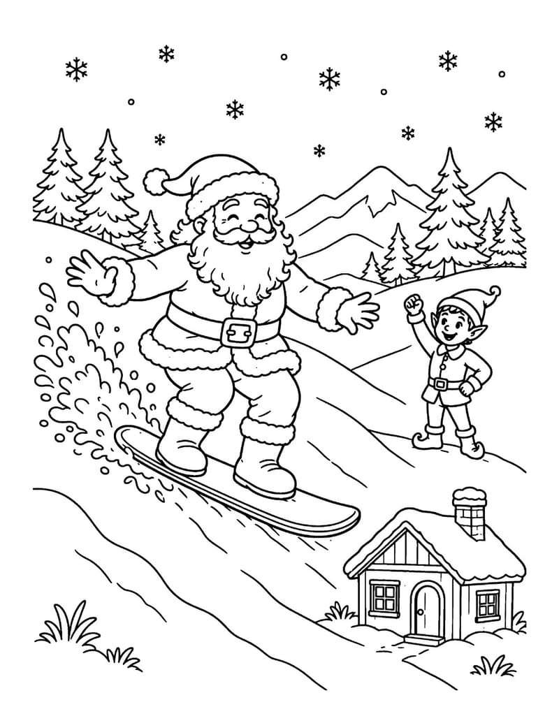 Sample coloring page: Santa snowboarding down a snowy hill while a child watches.