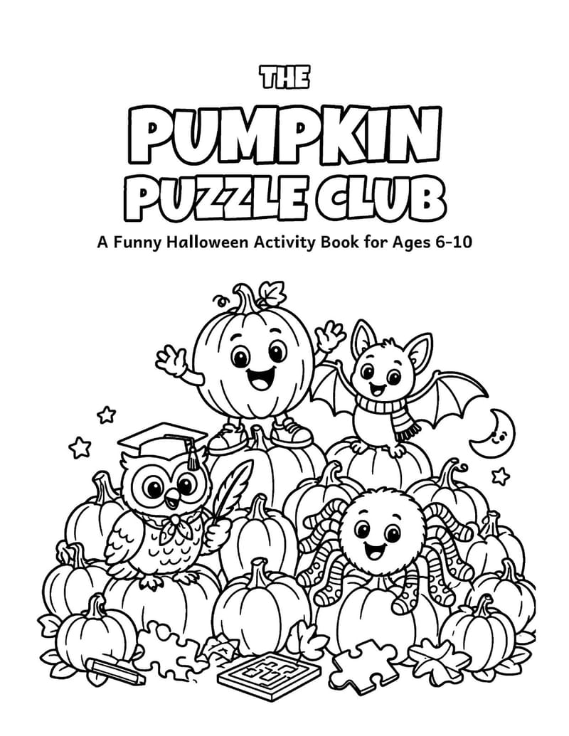 Cover page of The Pumpkin Puzzle Club, a funny Halloween activity book for ages 6-10.