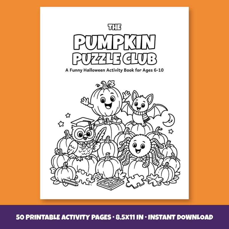 The Pumpkin Puzzle Club cover shown on an orange background: a smiling pumpkin, a bat, an owl and a friendly spider on a pile of pumpkins.