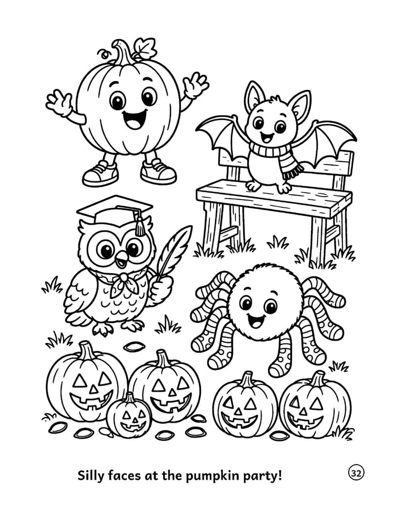Sample coloring page: the Pumpkin Puzzle Club friends at a pumpkin party.